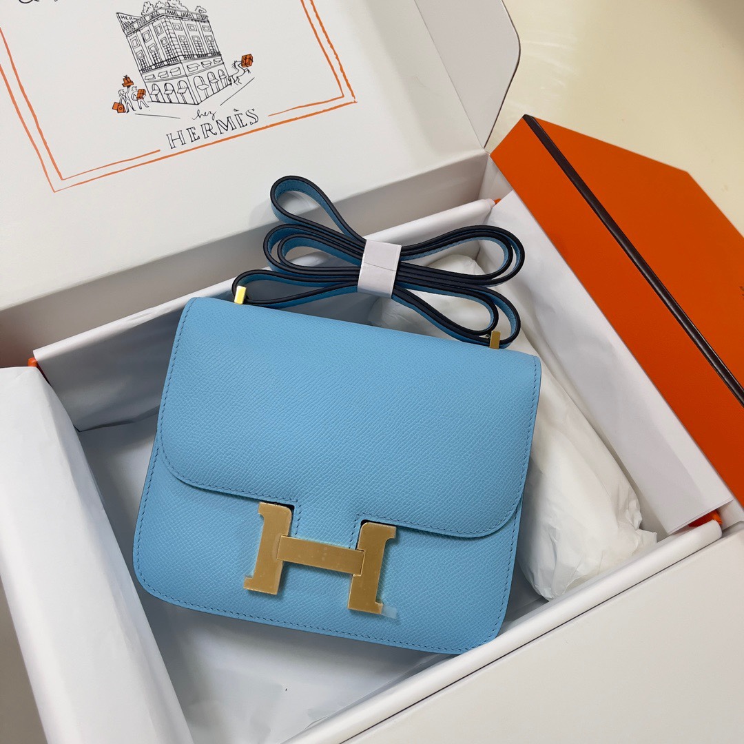 Hermes Constance 18 Mini Shoulder Bag In Blue Atoll Epsom Leather